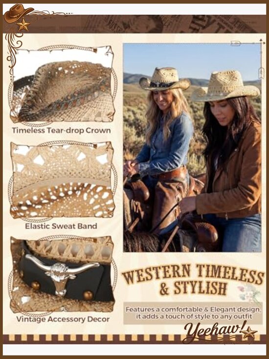 Straw Cowboy Hat Set with Shapeable Brim and Metal Chain Belts
